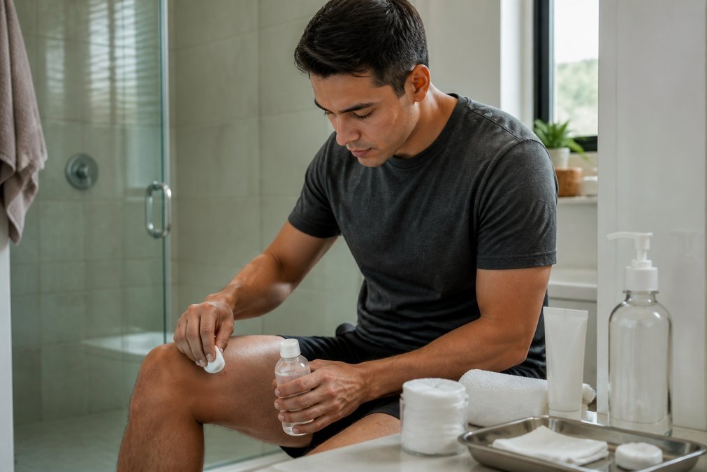 Persona en baño limpio aplicando cuidados post-tratamiento con gasa estéril, luz natural suave, productos de higiene ordenados en mostrador