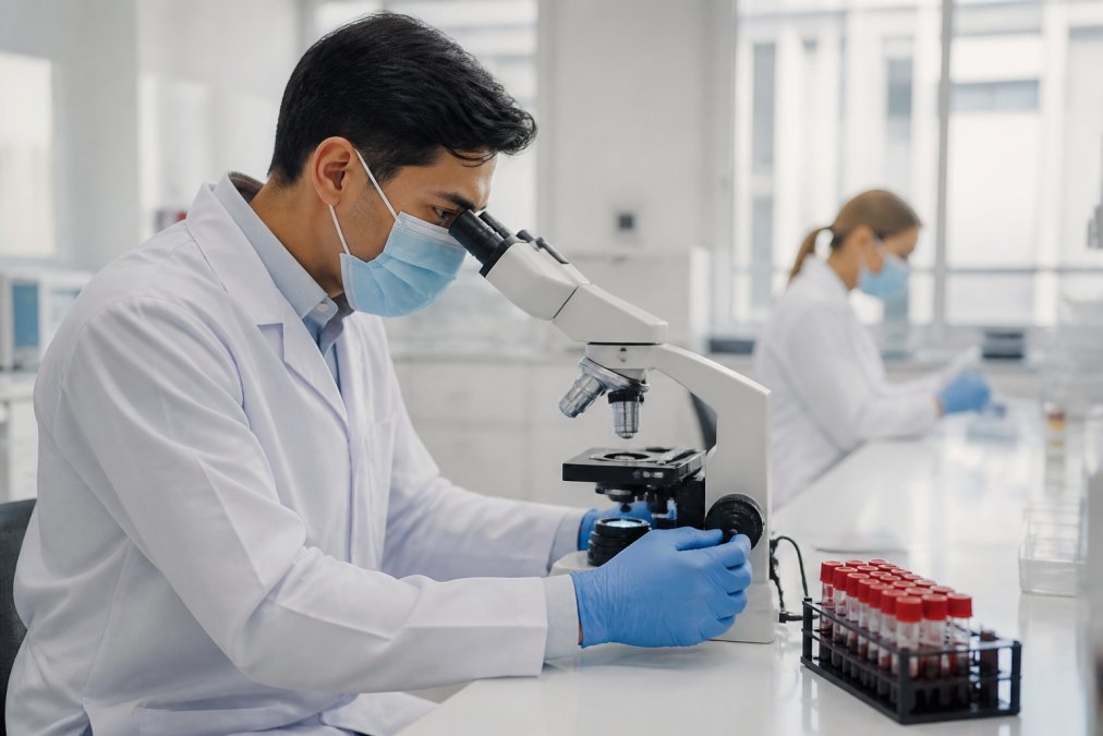 Profesional de salud en consultorio moderno revisando muestras de laboratorio bajo microscopio con iluminación clara, mostrando precisión diagnóstica